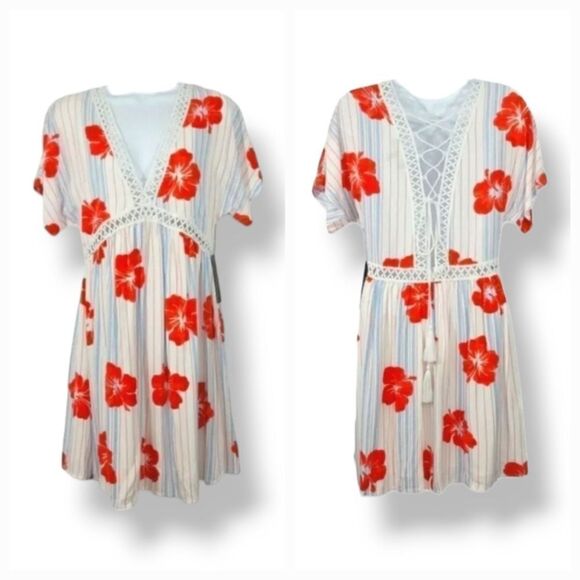 NEW Lulu's Pretty Mama White Tropical Print Lace-Up Short Sleeve Dress Size Med - Picture 11 of 12